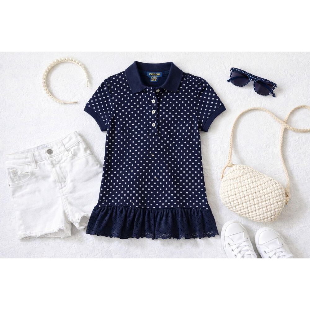 Polo Ralph Lauren Girls XL Polka Dot Peplum Polo Navy White Cotton